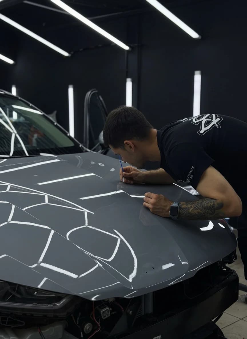 Автомобиль KIA K5 после комплексной защиты: полиуретановая пленка на фронтальной части и заднем бампере, черная крыша, защита салона и шумоизоляция арок.
